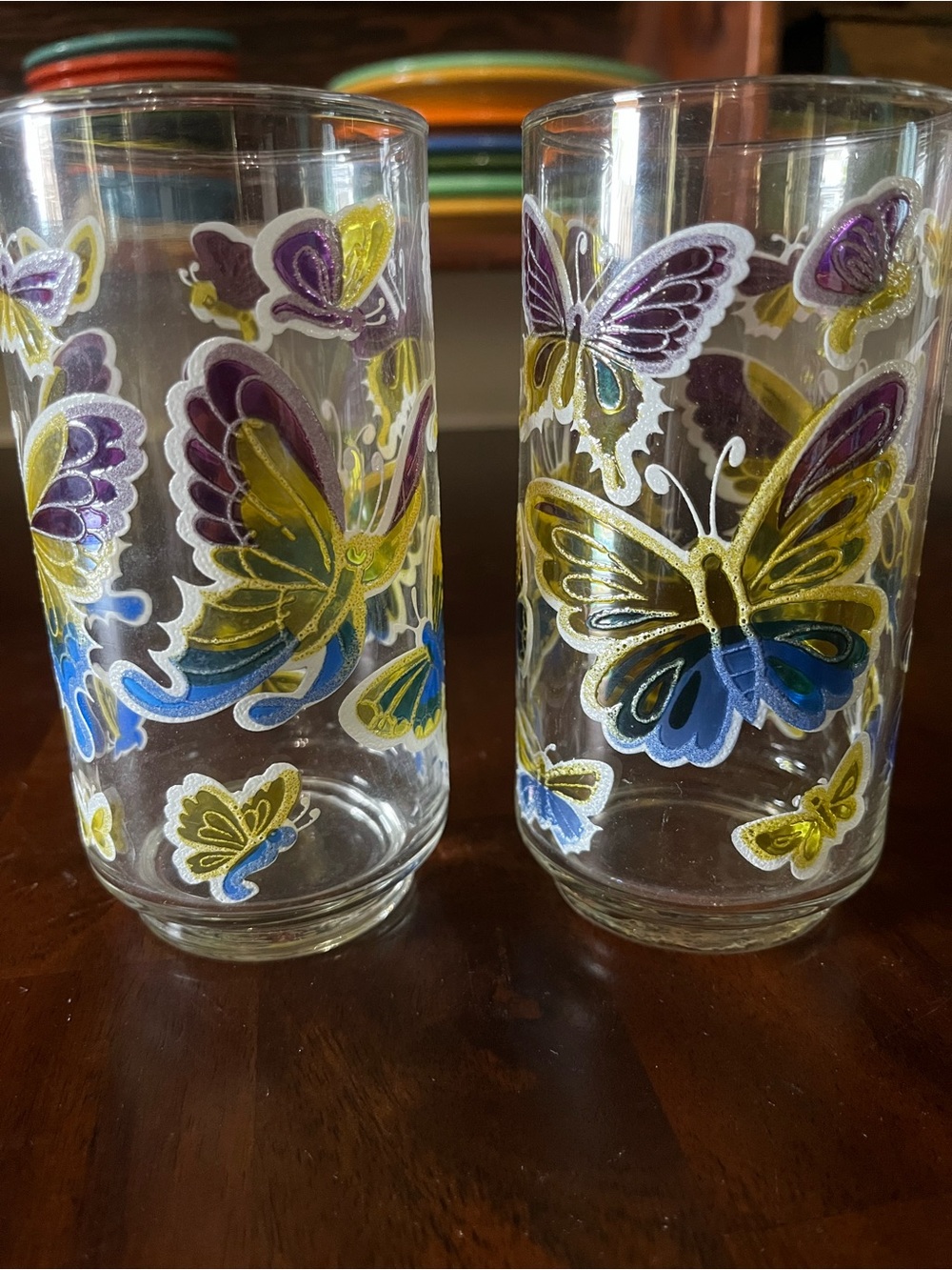 2 Libbey Vintage Butterfly Stain Glass Looking  Yellow Blue Purple